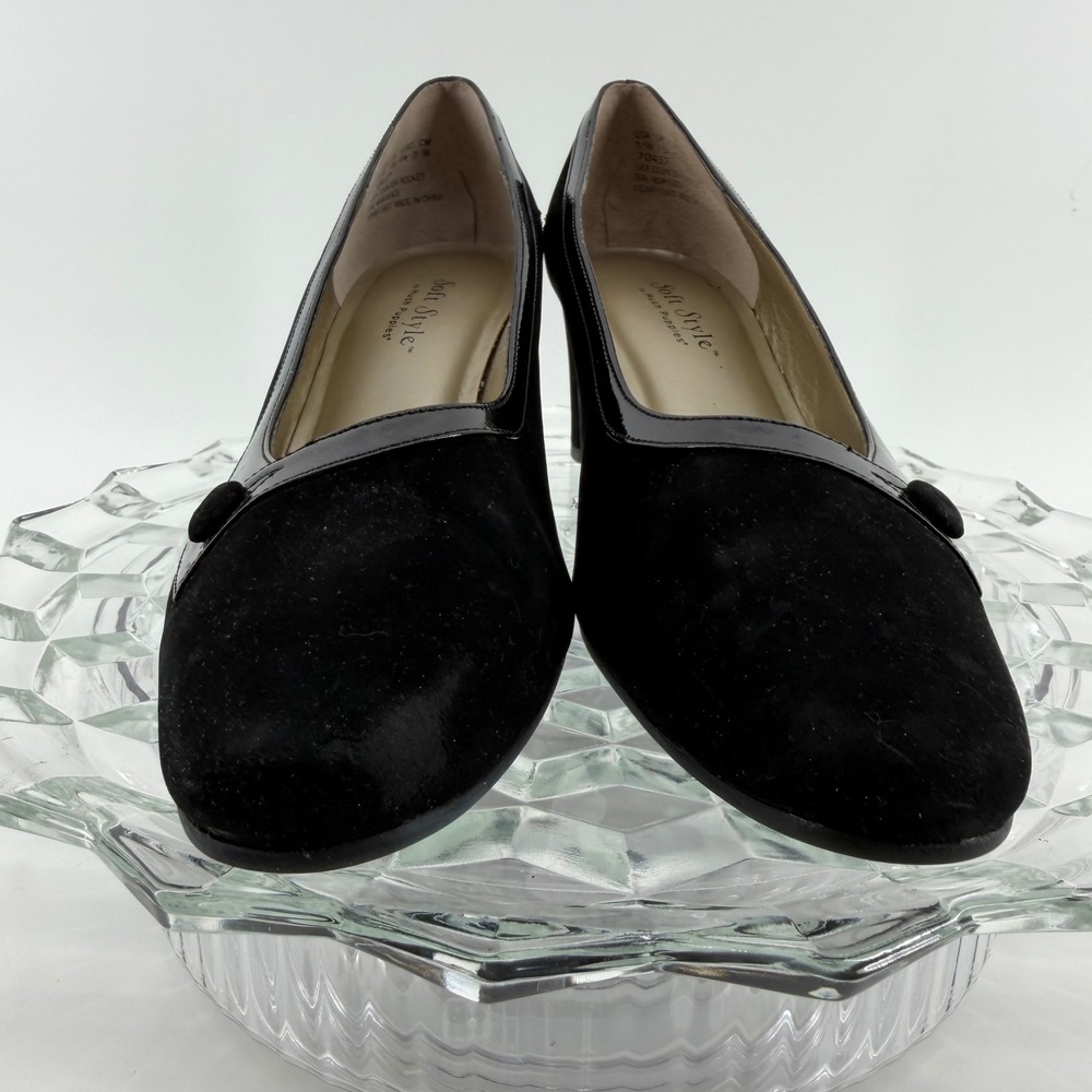 Soft Style by Hush Puppies Black Suede Block Heel Pumps Shoes Womens Size 7.5‎